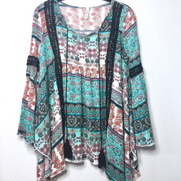 Orange Creek Bell Sleeve Peasant Tassel Tie Top Size Medium - Picture 1 of 7